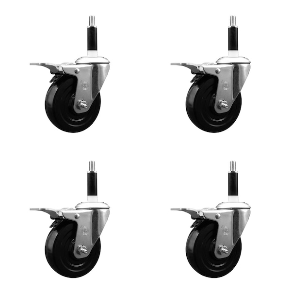 4'' Hard Rubber Swivel 7/8'' Expanding Stem Caster Set Total Lock Brake, 4PK